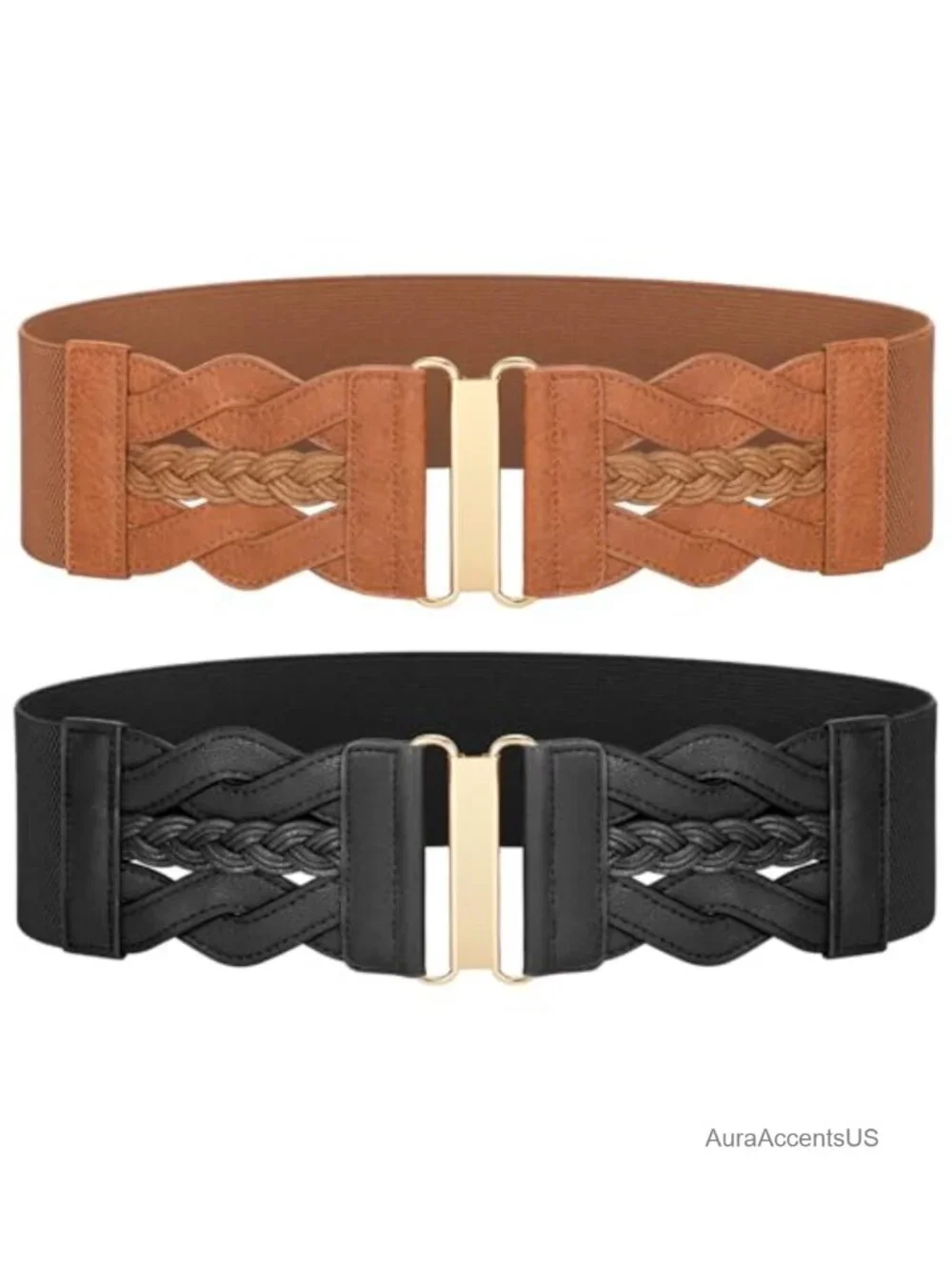Wide Elastic Waist Belt with Gold Buckle Stretchy Fashion Belt for Dresses